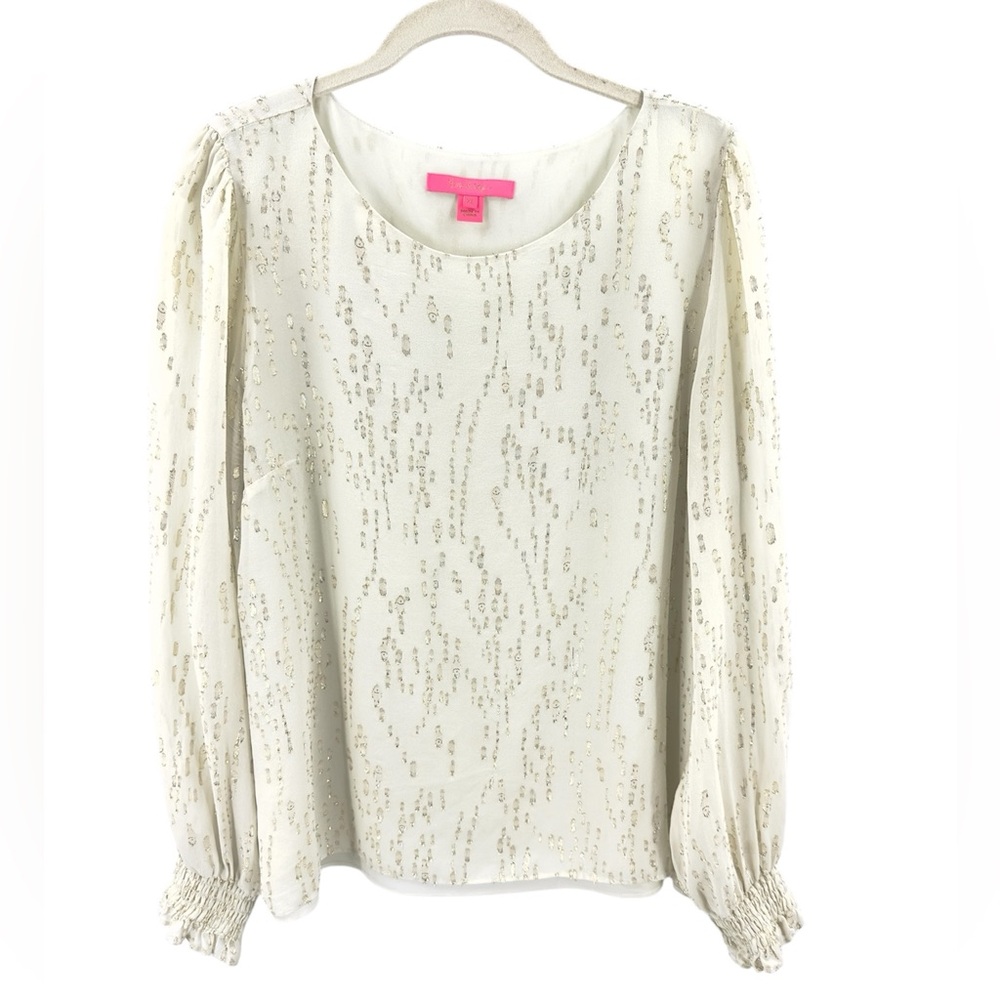 Lilly Pulitzer Idina Long Sleeve Silk Top Womens Sz XL Metallic Luxury Old Money - Picture 12 of 12